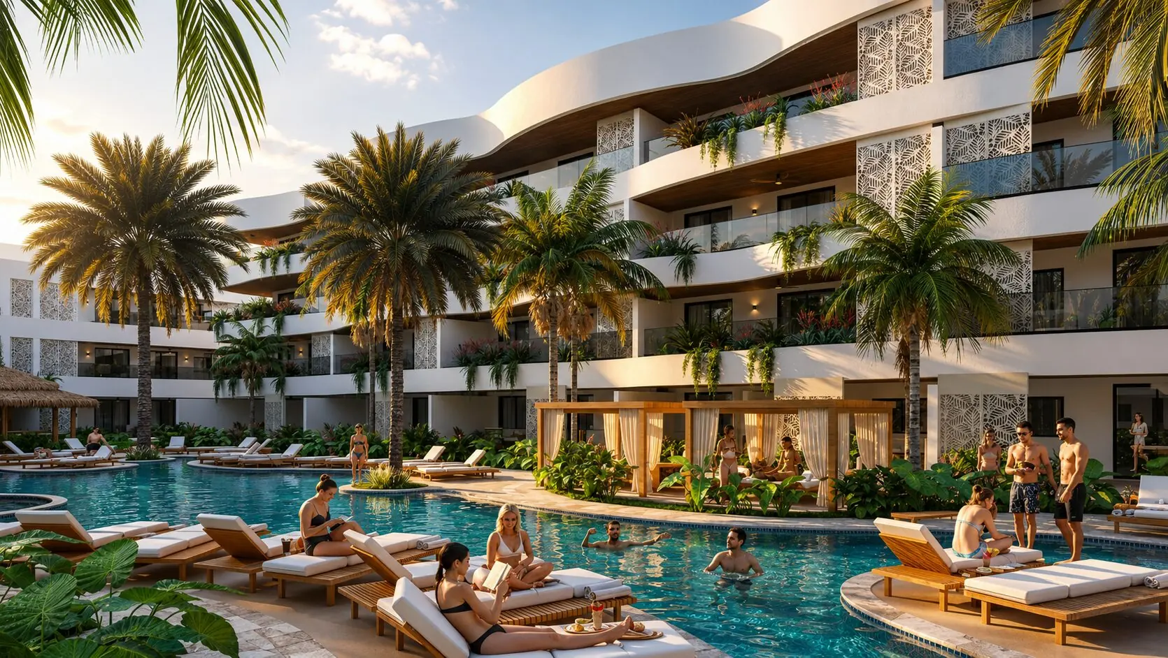 The Alana — pool and cabanas at sunset