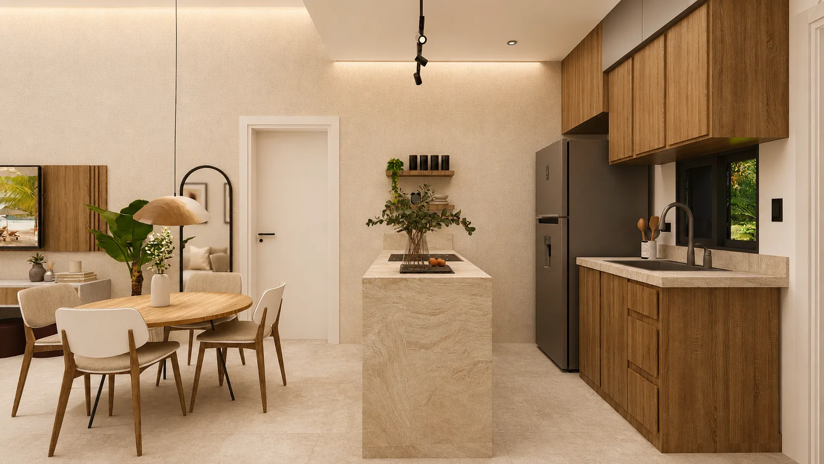 Apartment interior — open kitchen with island