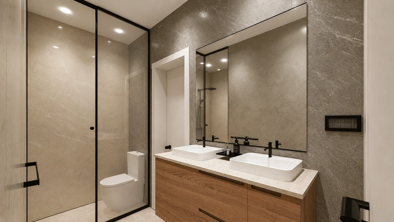 Apartment interior — double-vanity bathroom