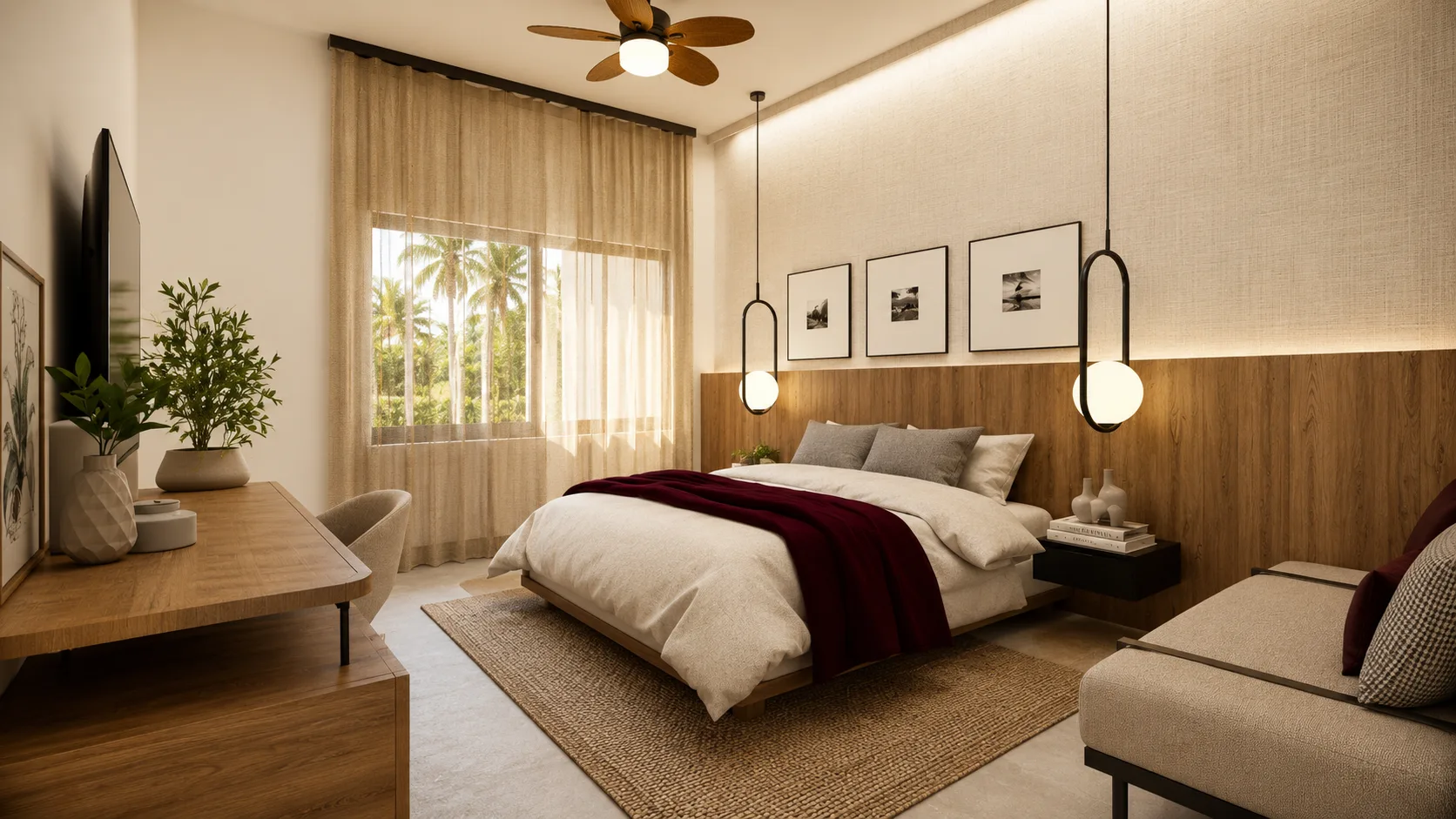 Apartment interior — bedroom with garden view