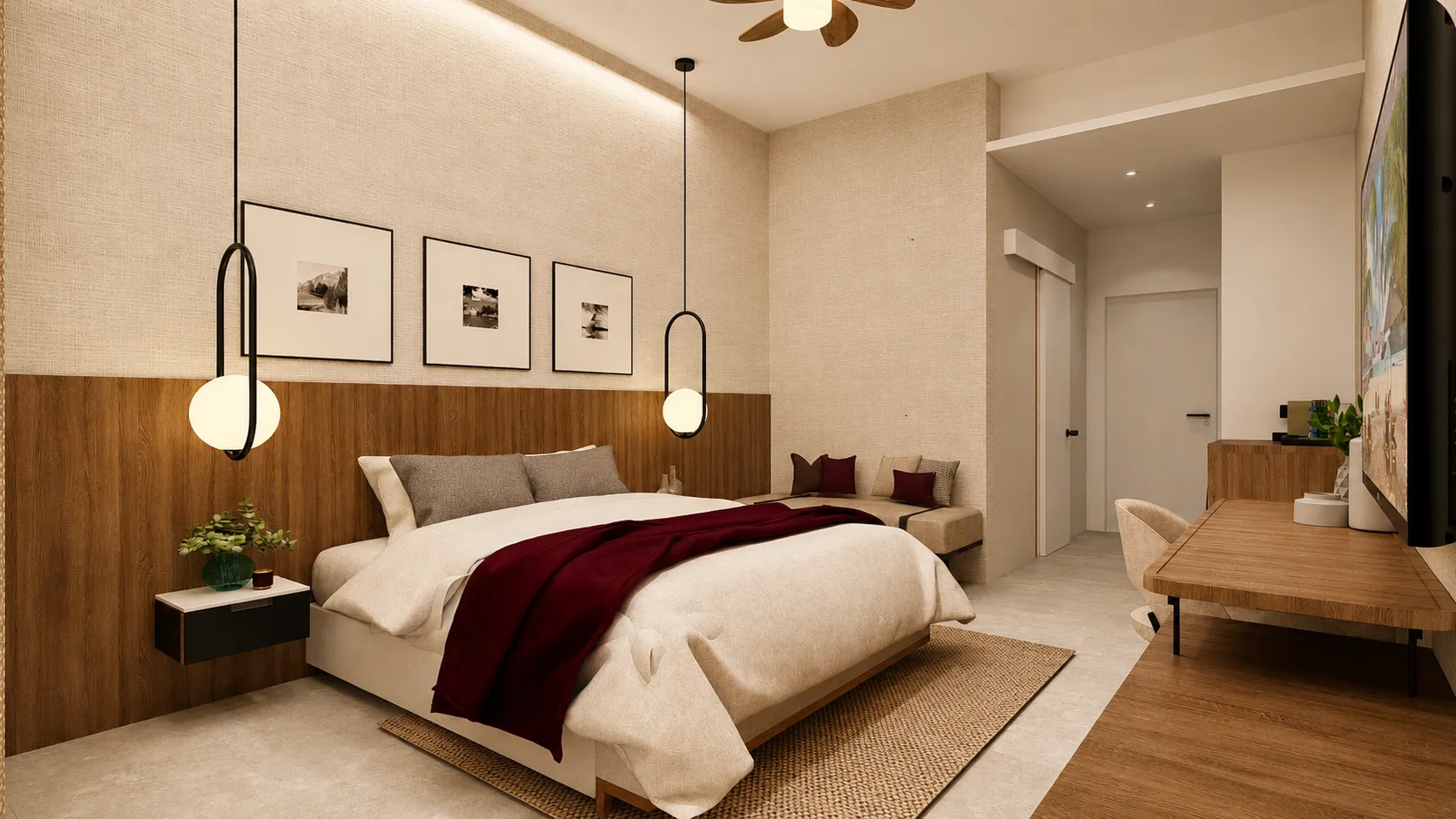 Apartment interior — bedroom with workspace